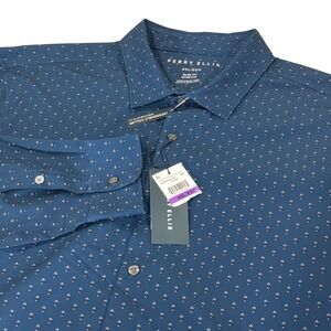 Perry Ellis Mens XXL Slim Fit Stretch Blue Dot Print Long Sleeve Button Up Shirt
